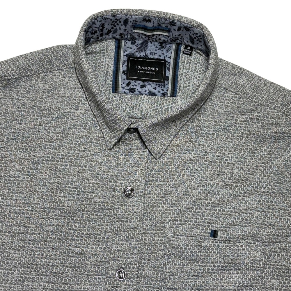 7Diamonds Button Up Shirt Mens Medium Grey Vision of Love Jacquard Stretch Short